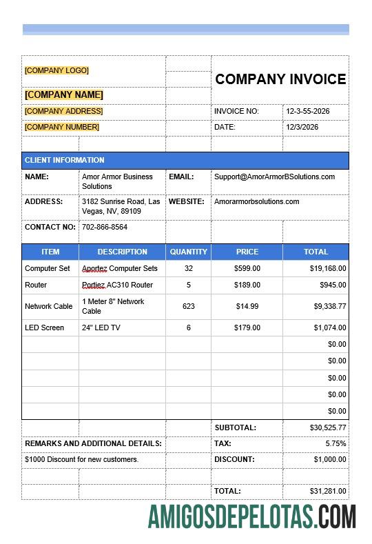 para download Exemplo de modelo de fatura de empresa de TI